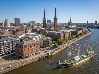 Fototapeta premium Captivating Skyline of Hamburg Featuring the Historic Sailing Boat Rickmer Rickmers Against a Stunning Natural Backdrop of Blue Skies and Urban Architecture