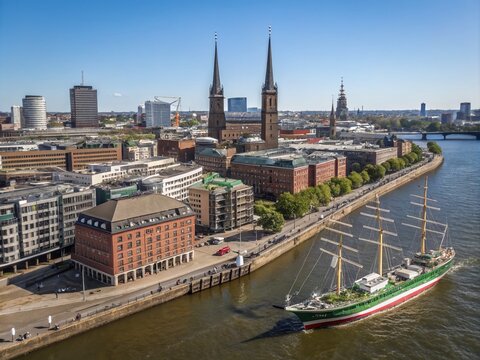 Captivating Skyline of Hamburg Featuring the Historic Sailing Boat Rickmer Rickmers Against a Stunning Natural Backdrop of Blue Skies and Urban Architecture