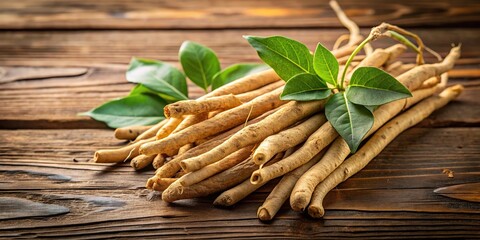 Closeup of Ashwagandha roots and leaves on wooden surface