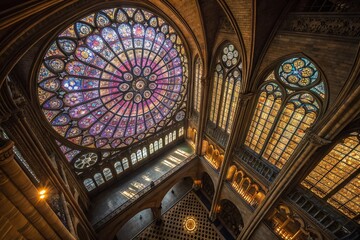 Obraz premium Captivating Stained Glass Window: A Beautiful Display of Colorful Light and Intricate Design in a Historic Church Setting, Perfect for Architectural and Artistic Inspiration