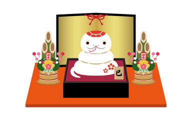 2025年　巳年　台座に乗ったへびの土人形と金屏風【巳木札付】