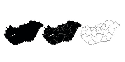 Set of three Hungary map silhouettes in black and outline style with regions.