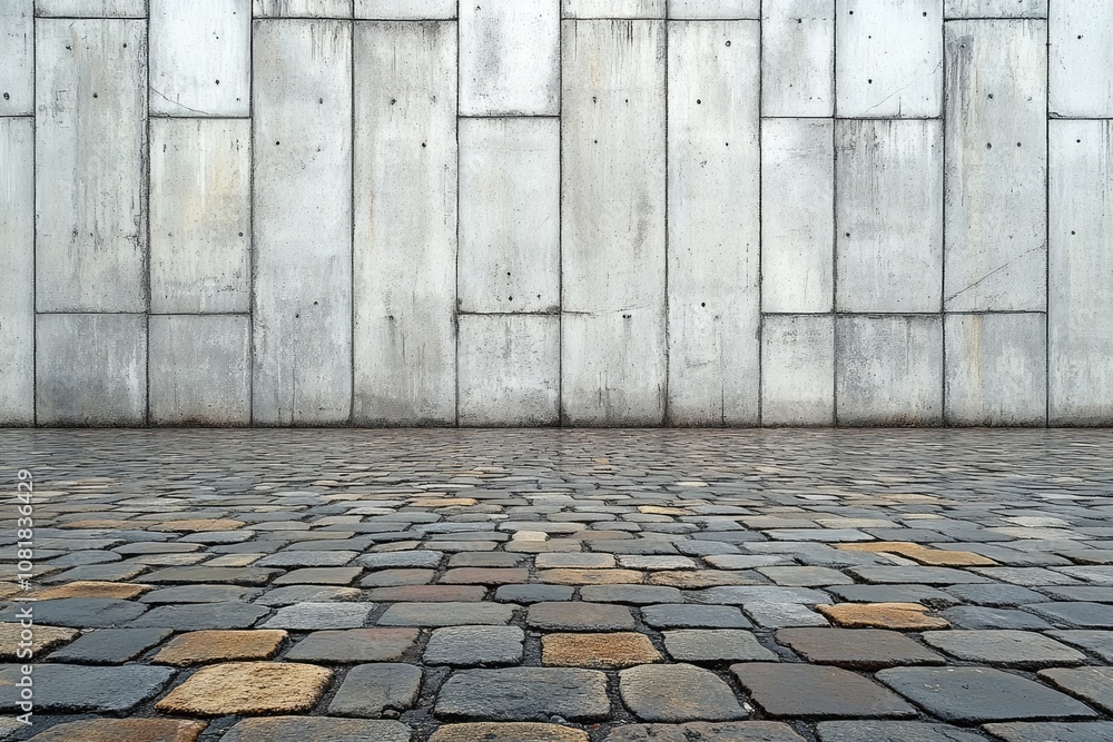 Poster cobblestone street in front of concrete wall. this image is suitable for projects about architecture