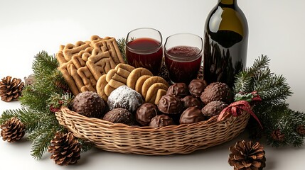 A beautifully styled gift basket showcasing a bottle of mulled wine, holiday gingerbread cookies, and decadent truffles, displayed on a white background.