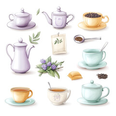 Obraz premium A colorful assortment of teapots, teacups, and tea ingredients displayed on a white background showcasing different tea varieties and utensils