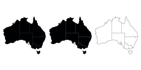 Set of three Australia map silhouettes in black and outline style with states. © Silent Vector