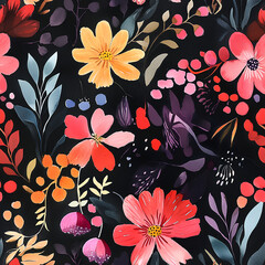 A lush watercolor floral scene featuring bursts of color, from deep reds to soft purples, arranged over a solid black base, seamless design