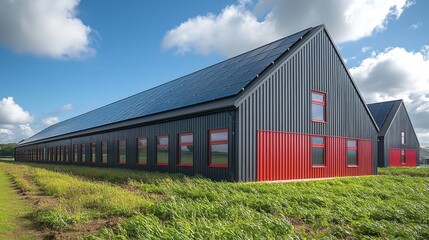 Obraz premium Modern agricultural building with solar panels in a rural landscape under a bright blue sky