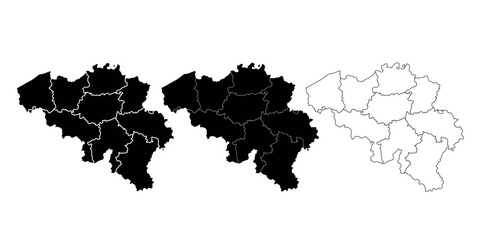 Set of three Belgium map silhouettes in black and outline style with regions.