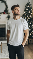 Fototapeta premium White unisex t shirt with a xmas decor on background. Blank Christmas shirt mock up, Blank mock up t-shirt with christmas decorations