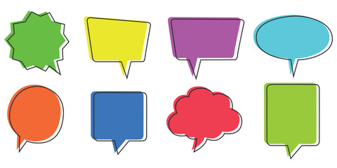 Set of eight colorful speech bubble icons in various shapes with white outlines.