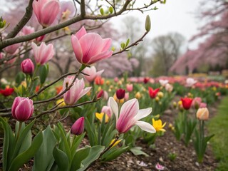 Obraz premium Captivating Tilt-Shift Photography of Blossoming Pink Magnolia and Tulip Flowers in a Lush Spring Garden Showcasing Nature's Beauty and Vibrant Flora in Closeup Detail