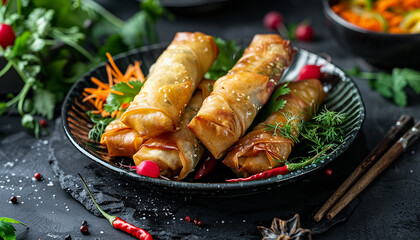 Crispy spring rolls filled with vegetables with sauces generated.AI