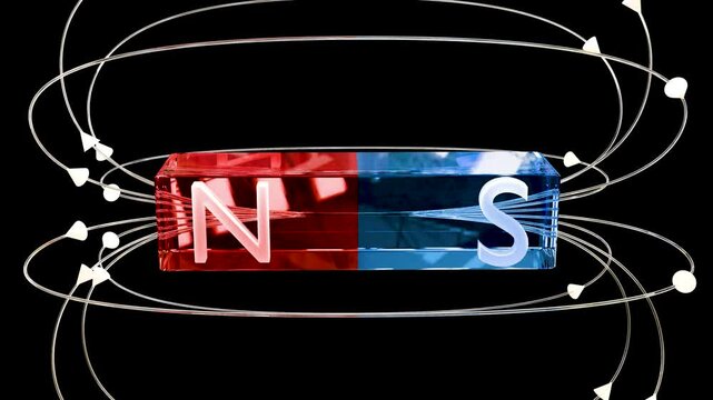Magnetic field, Blue and Red Bar magnet, electromagnet physics education of science, south and north power lines and arrows, alpha channel, Seamless loop, polarity attraction, Energy flows, 3d render