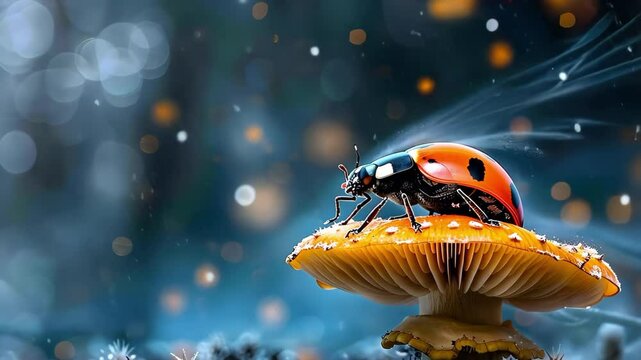 A ladybug perched on a vibrant orange mushroom with a blurred, magical background of bokeh lights and particles.