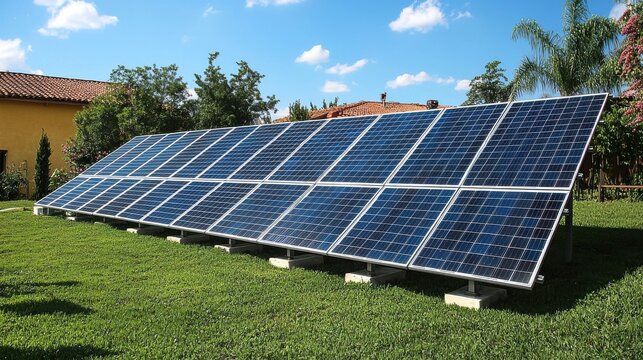 A solar panel array positioned in a backyard under a bright sky on a sunny day