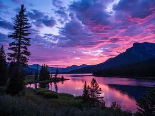 Fototapeta premium Captivating Twilight Landscapes: A Serene Blend of Nature's Colors as Day Transitions to Night with Stunning Skies and Reflections in Water, Perfect for Tranquil and Scenic Imagery