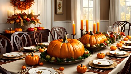 A beautifully decorated dining table with pumpkins, candles, and a floral arrangement.