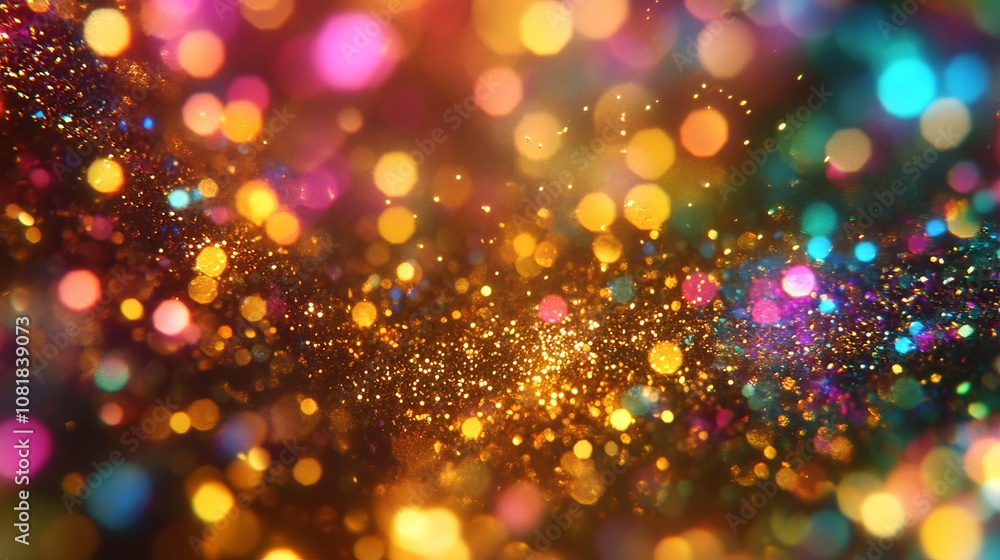 Wall mural festive new year background with glittering gold bokeh and vibrant colorful blurred abstract lights,
