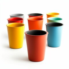 Colorful cylindrical planters on white background.