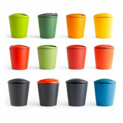 Twelve colorful lidded trash cans.