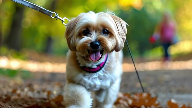 Two small dogs on a leash walking in a wooded area with people in the background.