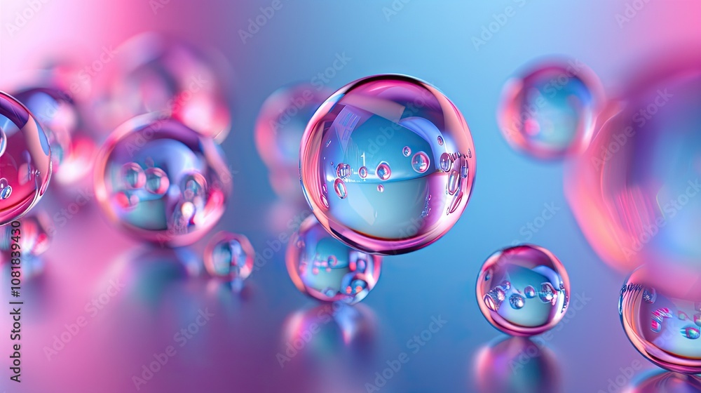 Poster 3D shiny smooth spheres floating against a gradient background