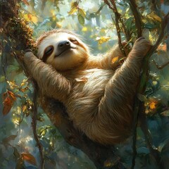 Fototapeta premium A cute sloth is sleeping peacefully in a tree, surrounded by lush greenery.