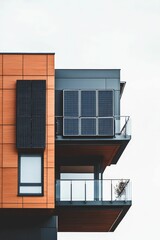 Modern building with solar panels and balcony.