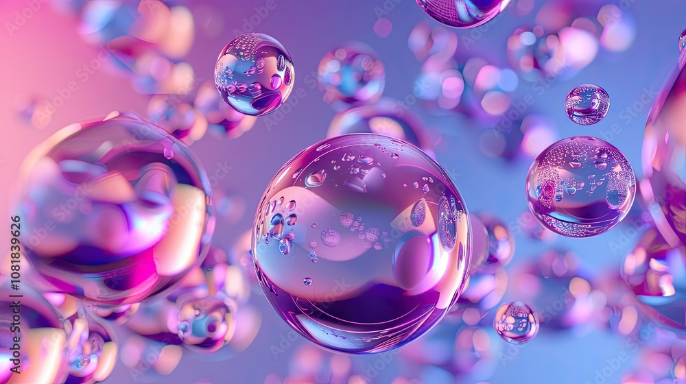 Poster 3D shiny smooth spheres floating against a gradient background