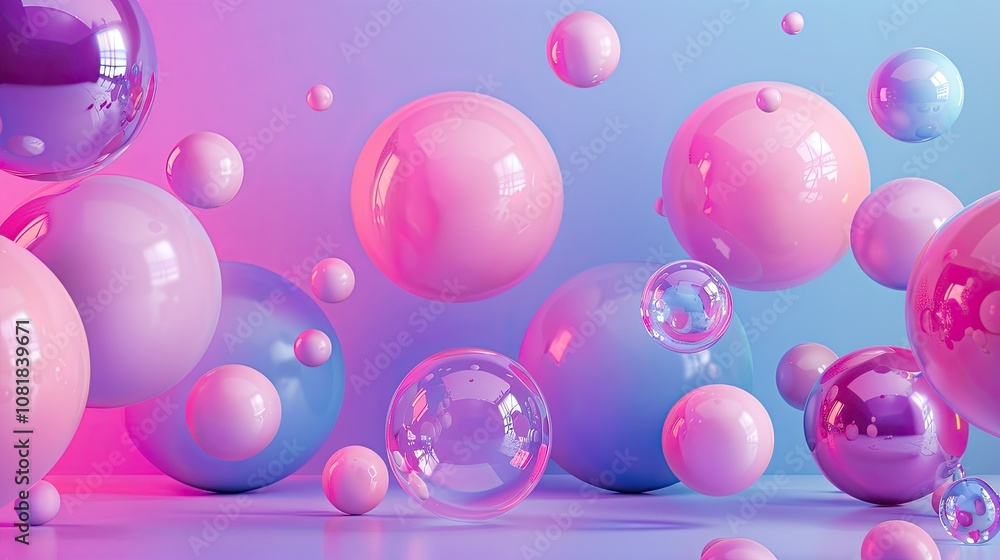 Poster 3D shiny smooth spheres floating against a gradient background