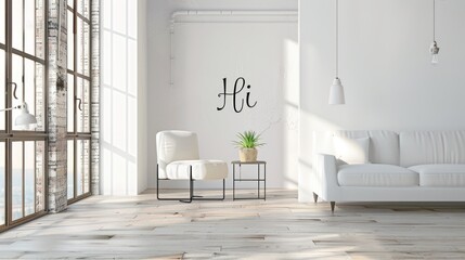 White Living Room Interior Design with Large Windows