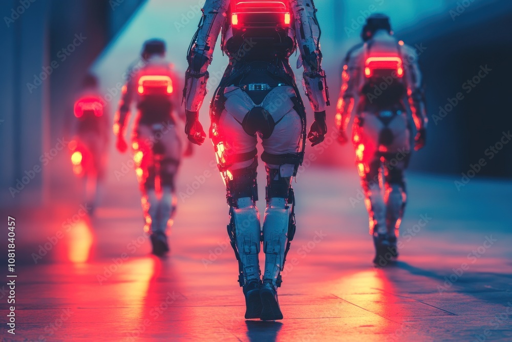 Poster three futuristic cyborgs with glowing red lights on their backs walk in a row in an urban setting.