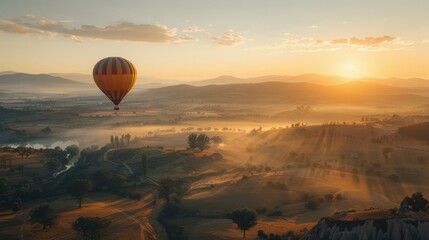 Obraz premium Hot air balloon soaring over a sunlit landscape. AI.