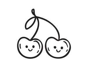 Cherry funny character with a smile doodle hand drawn icon. Cherry happy smiling drawing clipart outline element.