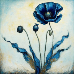 Abstract flower of blue poppy painted in oil.  Artwork in decorative style