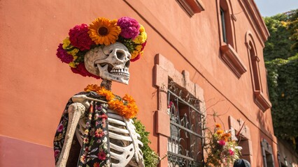 Obraz premium Celebratory Decorated Skeleton with Vibrant Flower Crown for Day of the Dead Against a Warm Coral Background