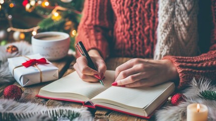 Woman writing in a notebook during Christmas
