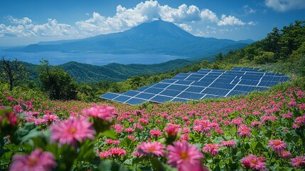 Vibrant flowers blooming near solar panels with mountain backdrop on a sunny day in the countryside