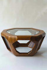 A wooden table with a glass top on a white background