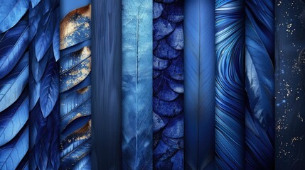 Abstract blue and gold textured background with various patterns.