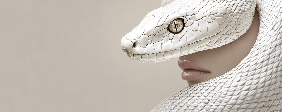 Eye-level view of a woman head with a white snake elegantly coiling around it, focusing on the luxurious texture of the snake scales, generative AI.