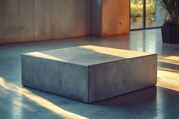 A concrete coffee table sitting on top of a concrete floor