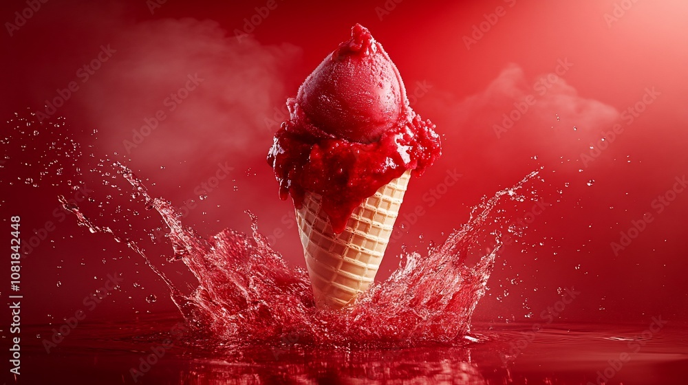 Poster a single scoop of red ice cream in a waffle cone, splashing into a pool of red liquid against a red 
