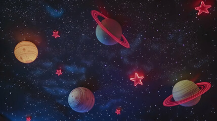Space Background with Neon Stars and Planets Illustration