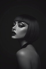 A pale skinned model with bold make-up, chin length haircut, in dark studio. smokey make-up. Fashion. Hairstyle. Cosmetics. Style. Black and white.	
