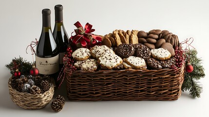 A Christmas-themed gift basket containing premium wine, holiday blend coffee, and an assortment of festive cookies, placed on a clean white background.