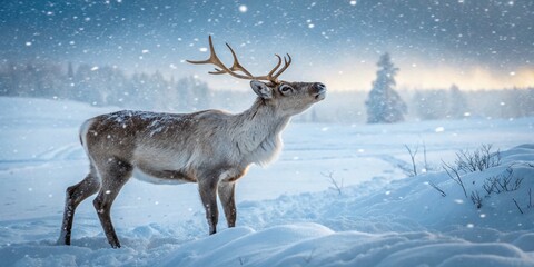 Obraz premium Close-Up of a Curious Reindeer in a Magical Winter Landscape with Swirling Snowflakes Captured in a Beautiful Documentary Photography Style