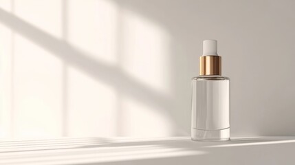 A minimalist cosmetic bottle design with transparent packaging, placed on a white background, ideal for beauty product presentations