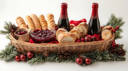 A Christmas-themed gift basket containing sparkling red wine, cranberry jam, and holiday breadsticks, arranged on a white background.